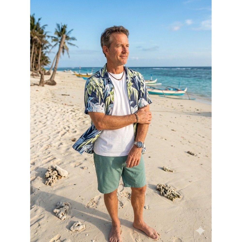 Tommy Bahama Mens XL Tropical Palm Leaf Print Short Sleeve Camp Shirt Navy Blue